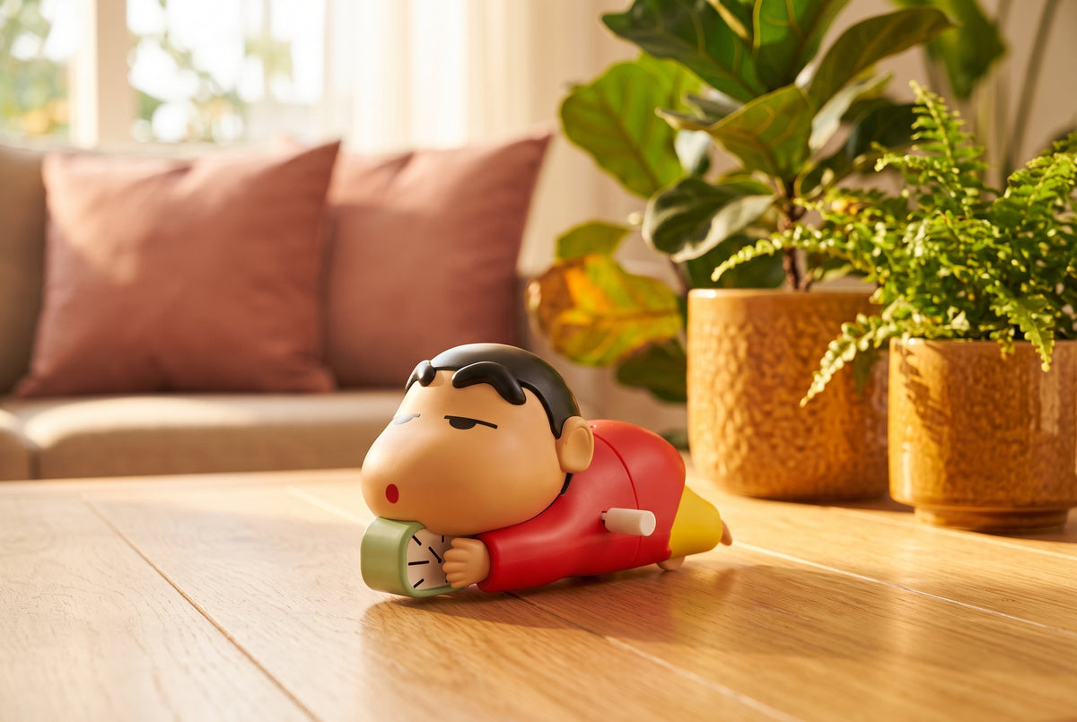 A mechanical Shinchan toy crawling on a wooden floor in a cozy, sunlit living room with warm-toned decor.
