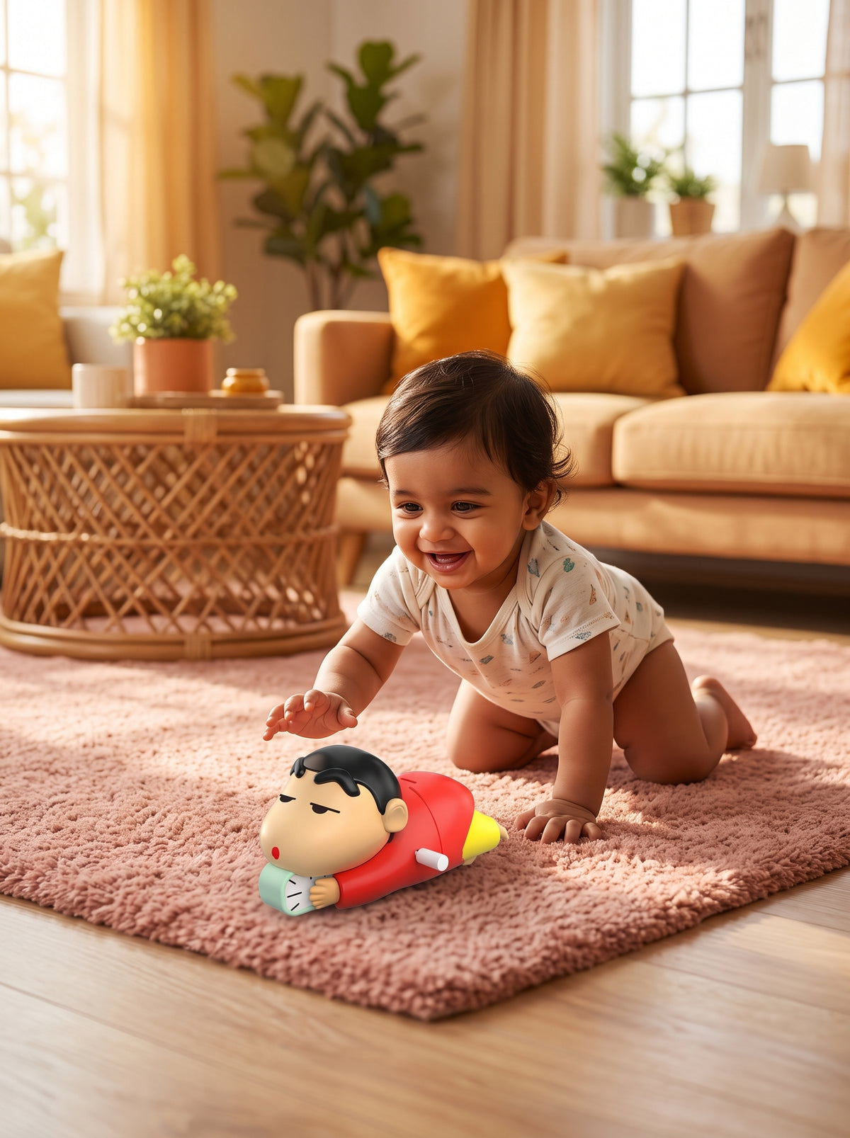 A South Asian toddler crawls on a rose-colored rug chasing a mechanical Shinchan toy in a sunlit, modern living room.